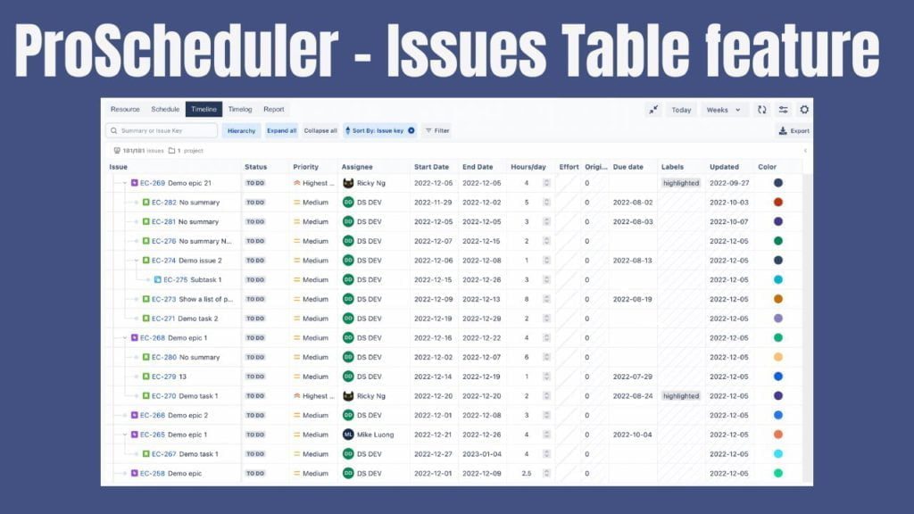 Teamboard Proscheduler Issue Table Spreadsheet for Jira
